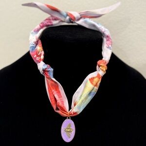 Multicolor Scarf Necklace with Purple Bee Pendant